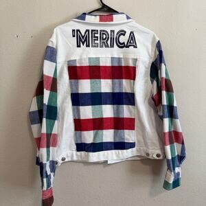 Upcycled Unisex White Denin Trucker Jacket W/Patriotic Flannel & Graphic  XXXL